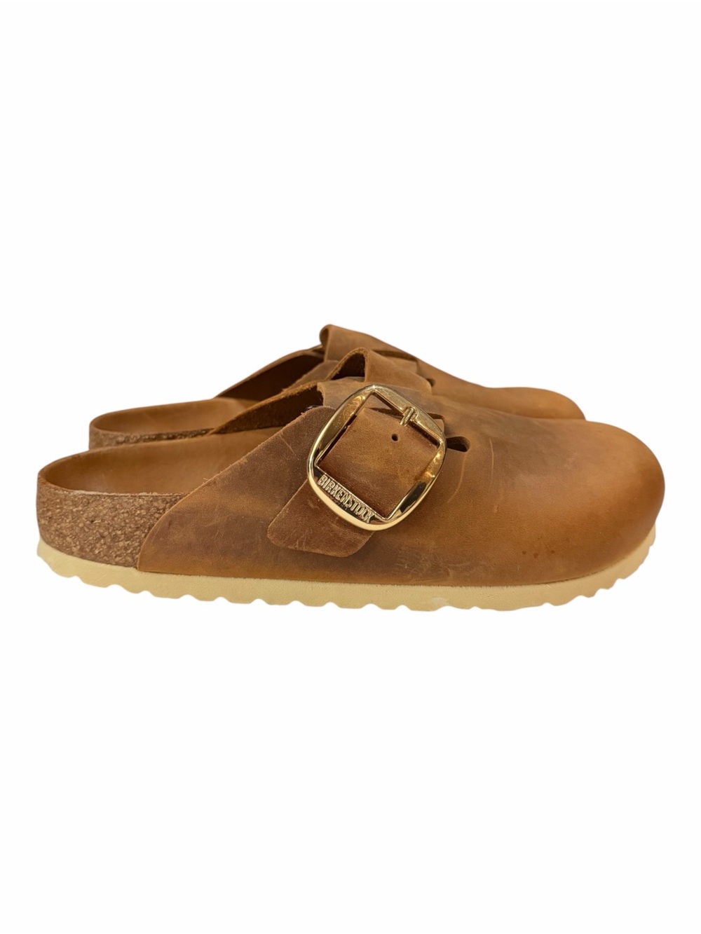 NWOT BIRKENSTOCK Boston Big Buckle Clogs Cognac Oiled Leather 38 7-7.5